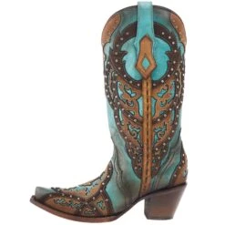 Corral Women's Tan Embroidery-Turquoise Overlay 13 In Top Snip Toe Boot -Cowboy Essentials Shop C3943 03